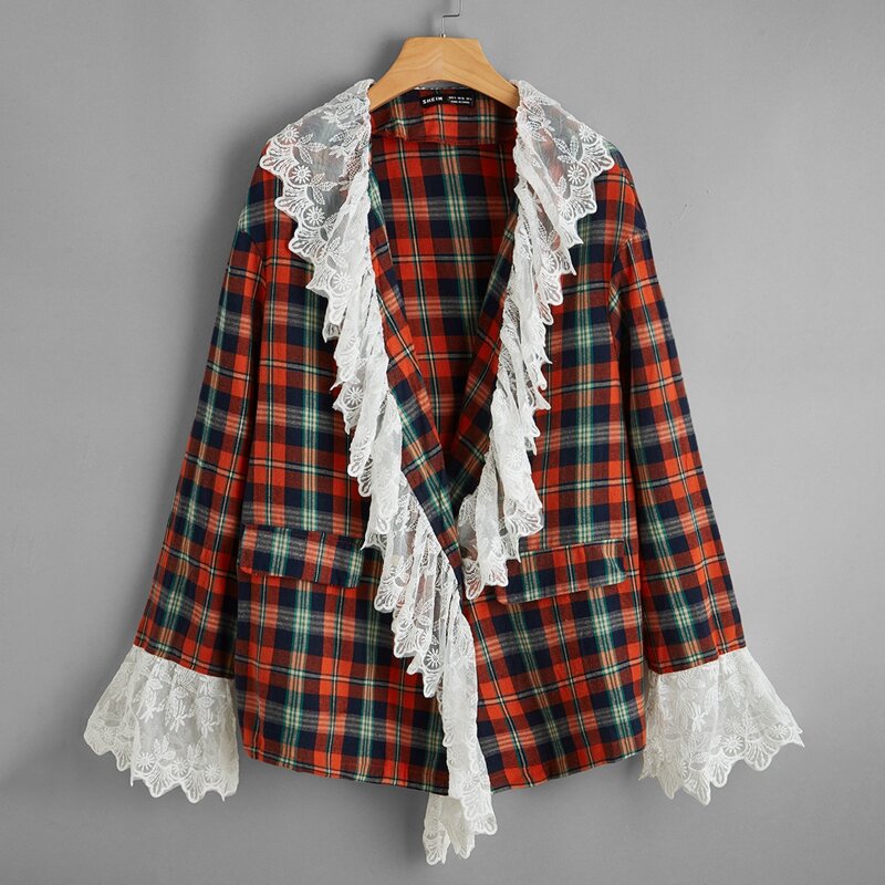 

Embroidery Mesh Ruffle Trim Tartan Coat, Multicolor
