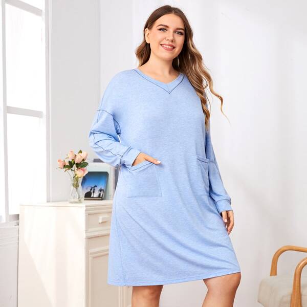 

Plus Double Pocket Drop Shoulder Dress, Baby blue
