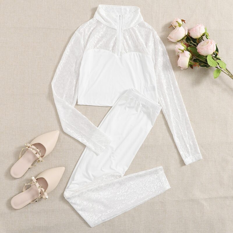 

Zipper Half Placket Lace Yoke Top & Leggings Set, White