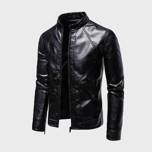 

Men Zipper Up Pocket PU Leather Jacket, Black