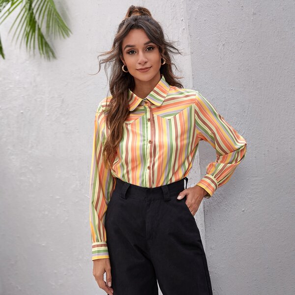 

Striped Print Button Front Blouse, Multicolor