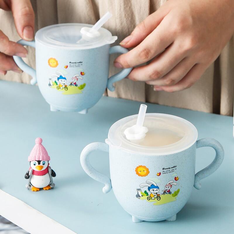 

1pc Rabbit Print Straw Cup With Handle, Blue
