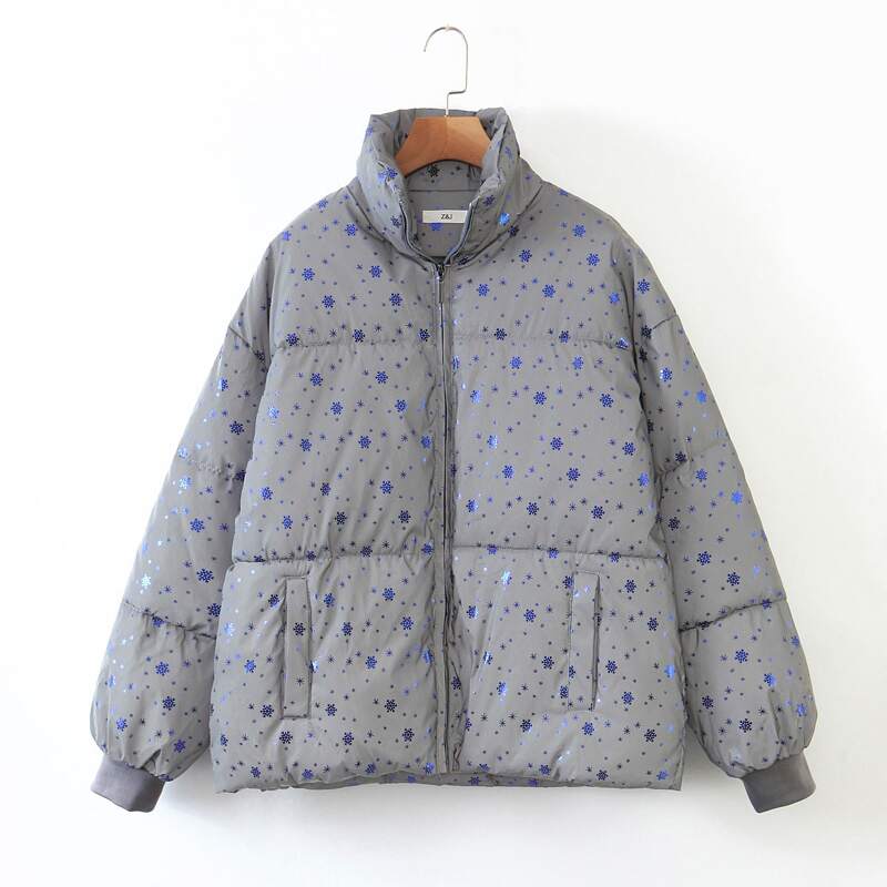 

Snowflake Print Funnel Neck Padded Jacket, Grey