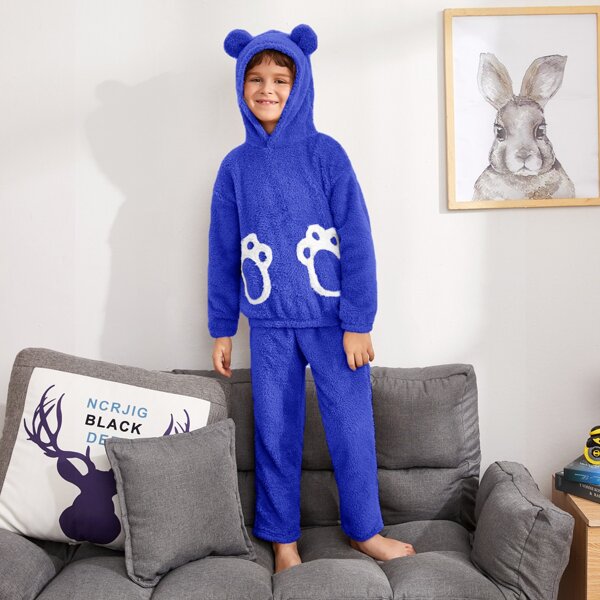 

Boys Bear Claw Pattern Teddy Hoodie & Pants PJ Set, Royal blue