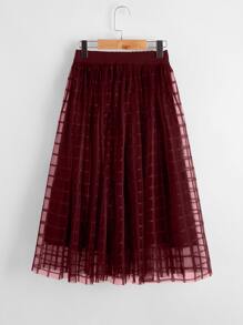 SHEIN Cô gái Tween Eo đàn hồi Kẻ sọc Lưới Váy kèn đồng - Màu Đỏ Sâu - Xem 2