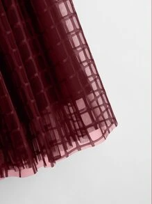 SHEIN Cô gái Tween Eo đàn hồi Kẻ sọc Lưới Váy kèn đồng - Màu Đỏ Sâu - Xem 3