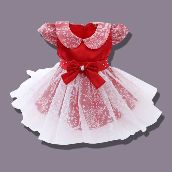 

Toddler Girls Embroidery Mesh Panel Pearls Bow Gown Dress, Red and white