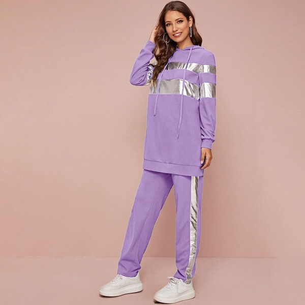 

Contrast Metallic Panel Hoodie & Sweatpants Set, Lilac purple