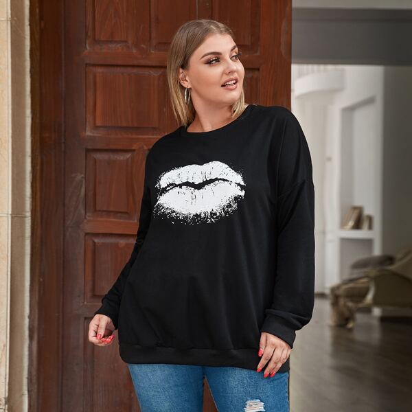 

Plus Lip Print Drop Shoulder Sweatshirt, Black