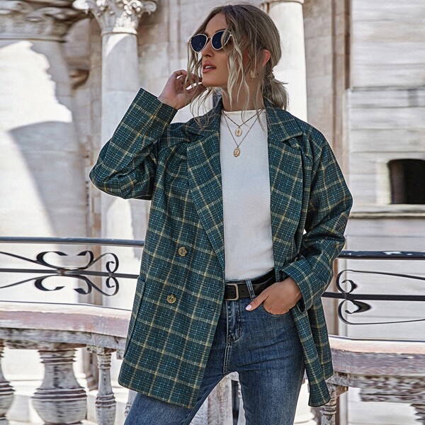 

Plaid Lapel Collar Double Breasted Blazer, Dark green