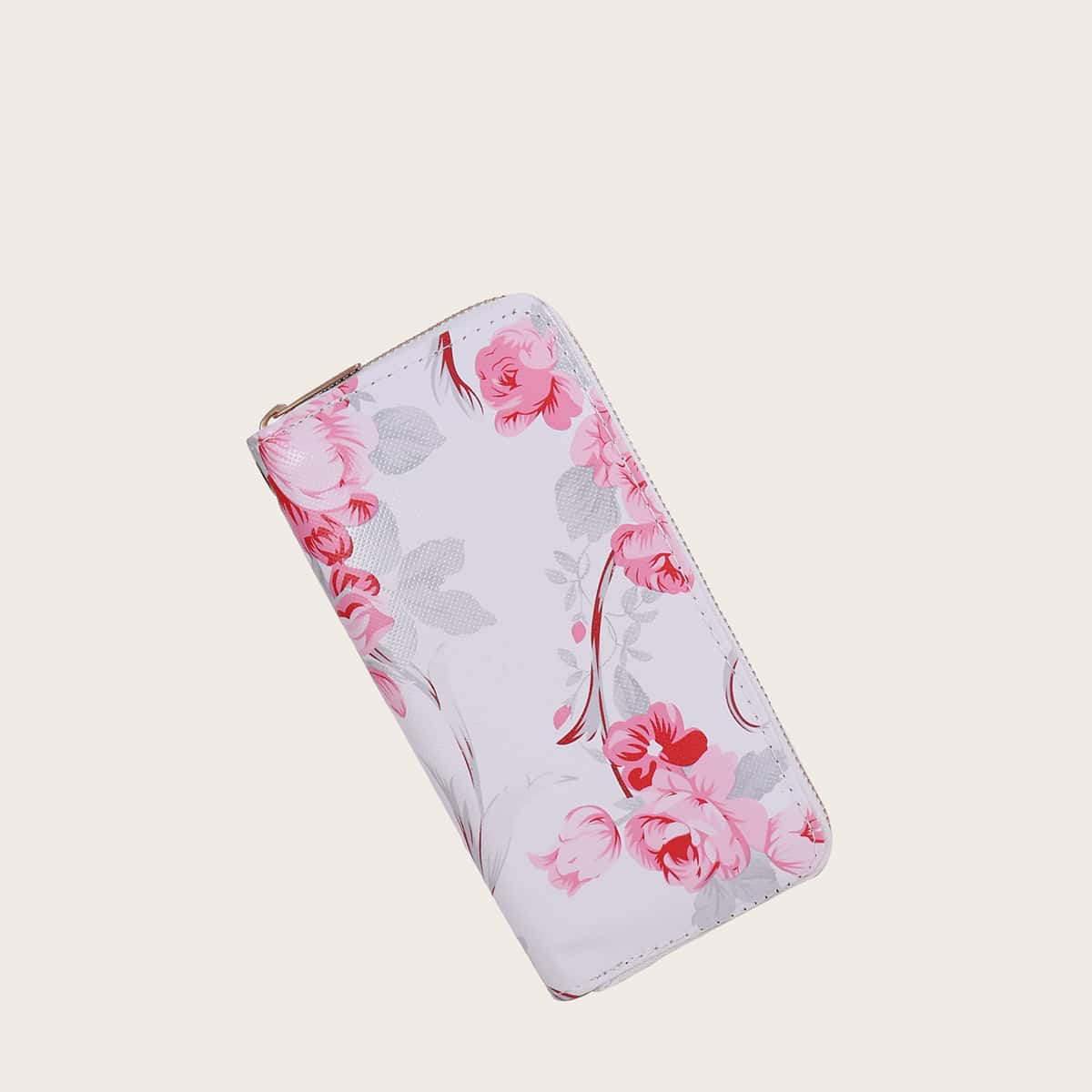 

Floral Pattern Zip Around Purse, White