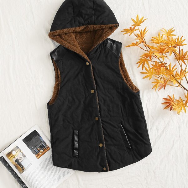 

Teddy Lined Button Front Hooded Jacket, Black