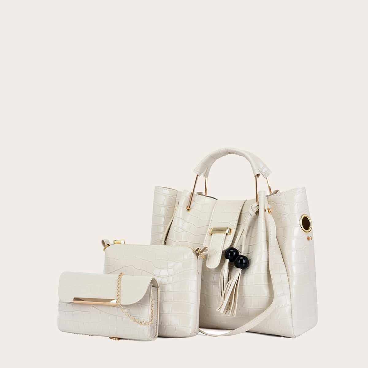 

3pcs Croc Embossed Tote Bag Set, Beige