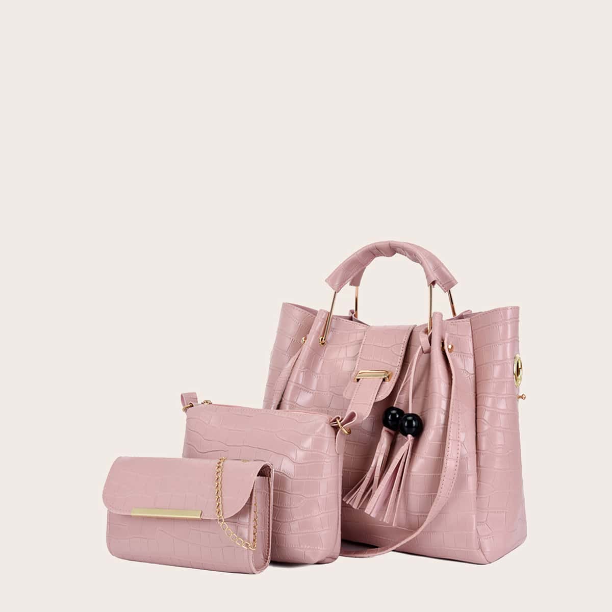 

3pcs Croc Embossed Tote Bag Set, Pink