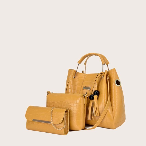 

3pcs Croc Embossed Tote Bag Set, Yellow