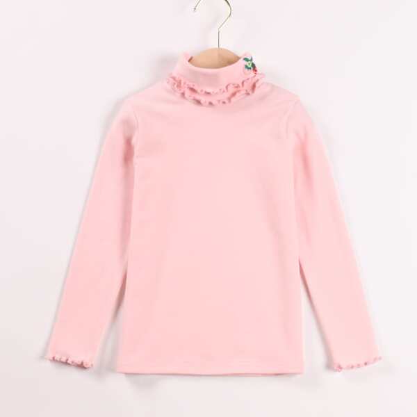 

Girls Strawberry Embroidered Frill Trimed Tee, Baby pink