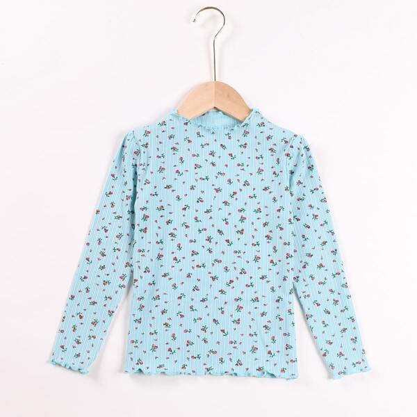 

Girls Ditsy Floral Print Lettuce Trimed Tee, Baby blue
