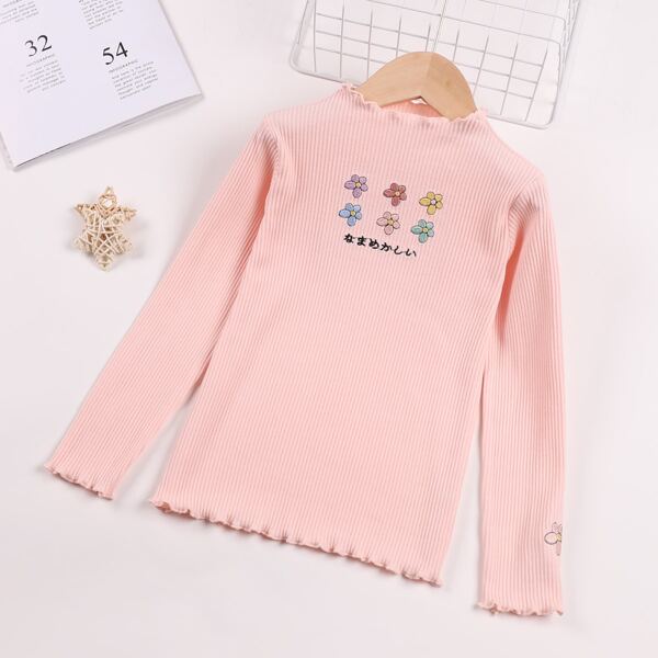 

Girls Floral & Japanese Letter Graphic Frill Trimed Tee, Baby pink