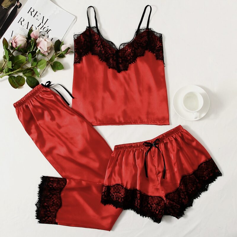 

3pack Eyelash Lace Trim Satin PJ Set, Red