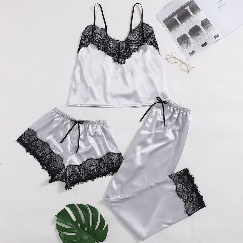 

3pack Eyelash Lace Trim Satin PJ Set, White