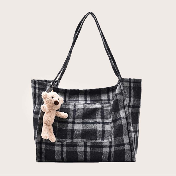

Plaid Tote Bag With Toy Charm, Grey