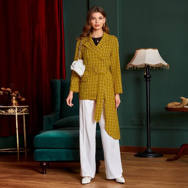 

Plaid Print Double Breasted Blazer With Belt, Mustard yellow