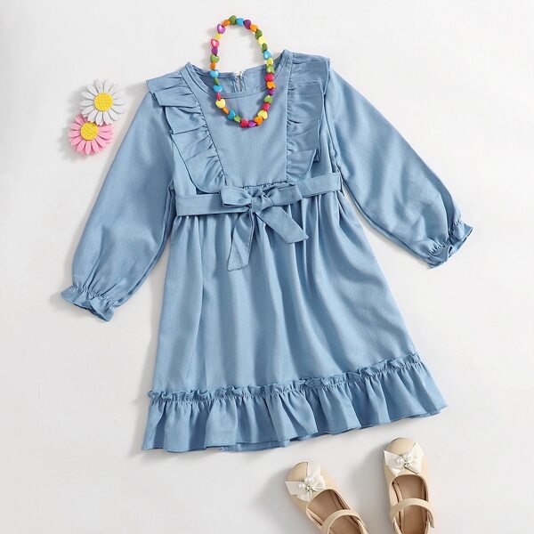 

Toddler Girls Ruffle Trim Self Tie A-line Dress, Dusty blue