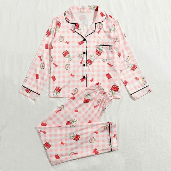 

Girls Gingham And Donuts Print PJ Set, Baby pink