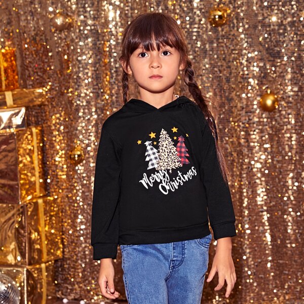

Toddler Girls Christmas & Leopard Print Hoodie, Black