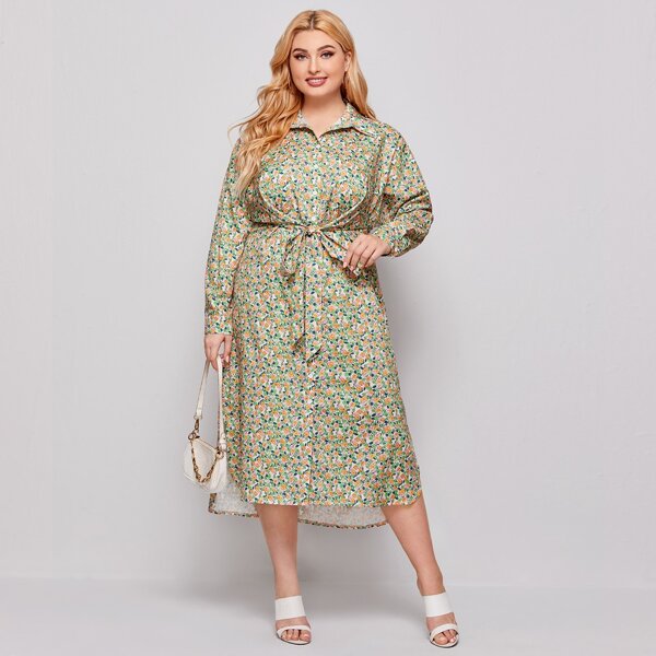 

Plus Allover Floral Print Tie Front Shirt Dress, Multicolor