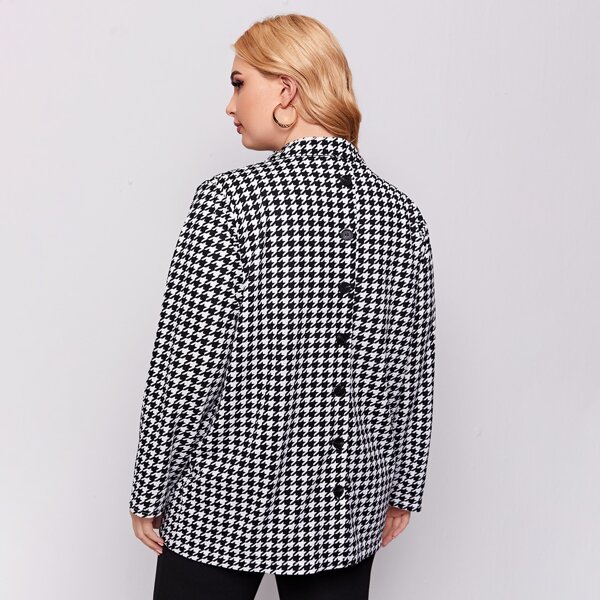 

Plus Houndstooth Button Detail Lapel Neck Blazer, Black and white