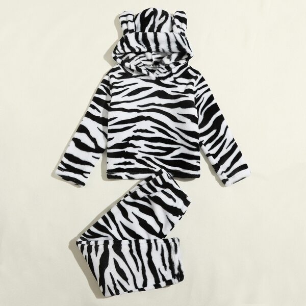 

Toddler Boys Flannel Zebra Stripe 3D Ear Design Hooded PJ Set, Black and white