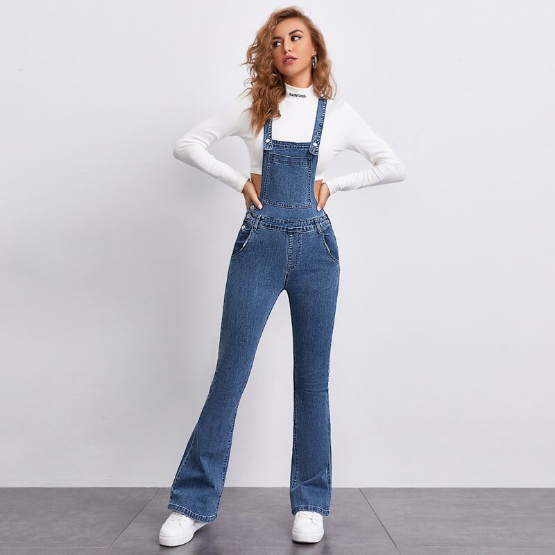 

Patch Pocket Flare Leg Denim Overalls, Medium wash