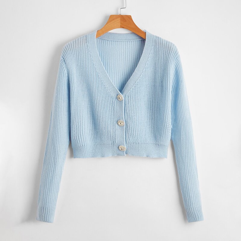 

Button Front Crop Knit Cardigan, Baby blue