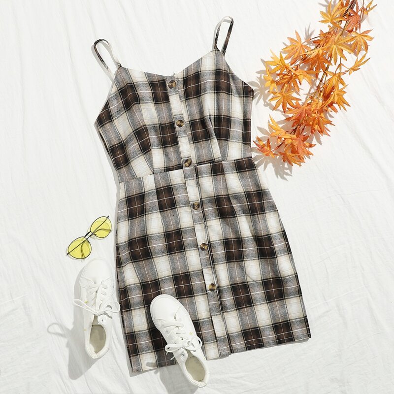 

Button Up Plaid Cami Dress, Multicolor