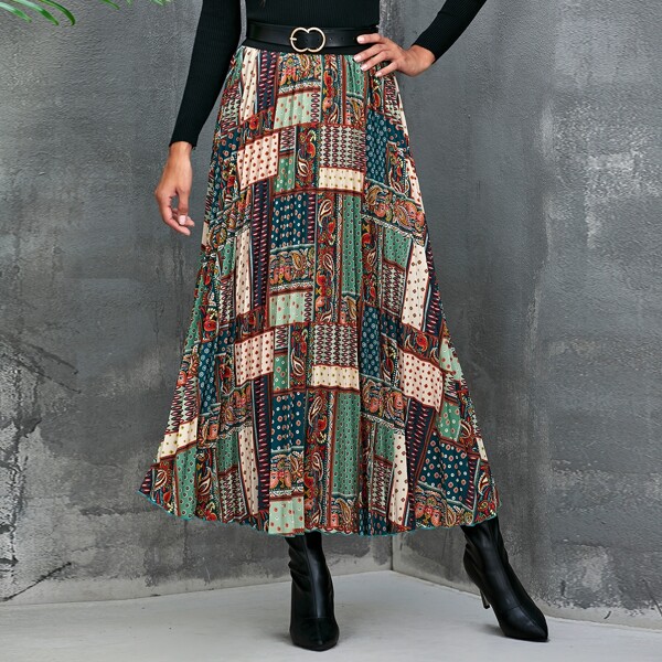 

Paisley Print Pleated Maxi Skirt Without Belt, Multicolor