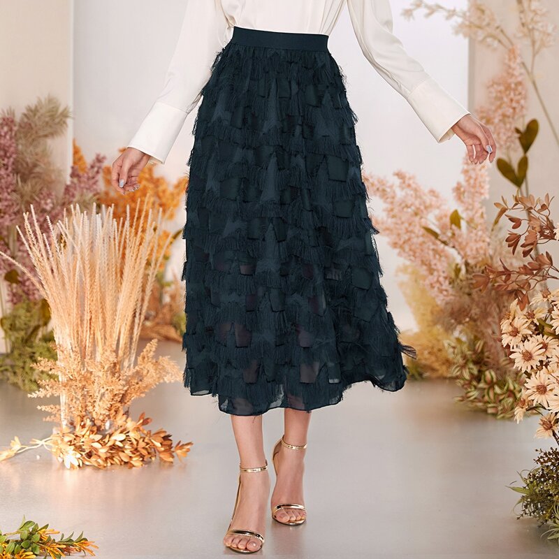 

Solid Fringe Trim Flared Skirt, Navy blue