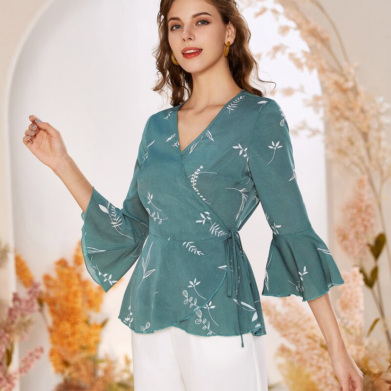 

Leaf Print Ruffle Hem Wrap Knot Blouse, Cadet blue