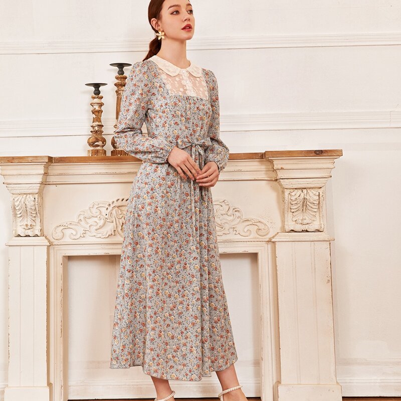 

Ditsy Floral Print Peter Pan Collar Belted Dress, Blue