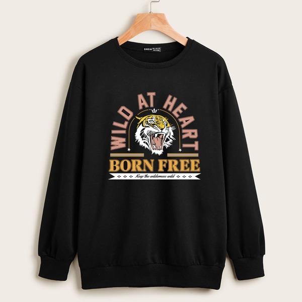

Drop Shoulder Letter & Tiger Print Pullover, Black