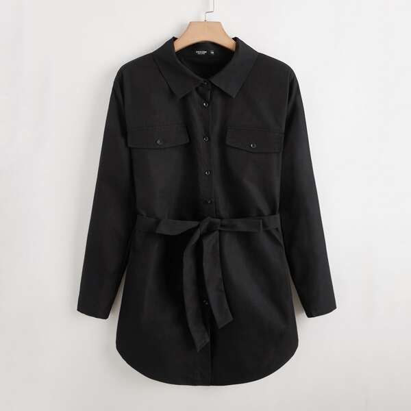 

Plus Solid Belted Curved Hem Coat, Black