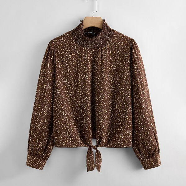 

Plus Knot Hem Shirred Neck Ditsy Floral Blouse, Coffee brown