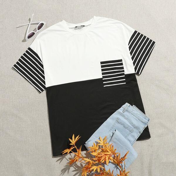 

Plus Colorblock Striped Pocket Patched Tee, Black and white
