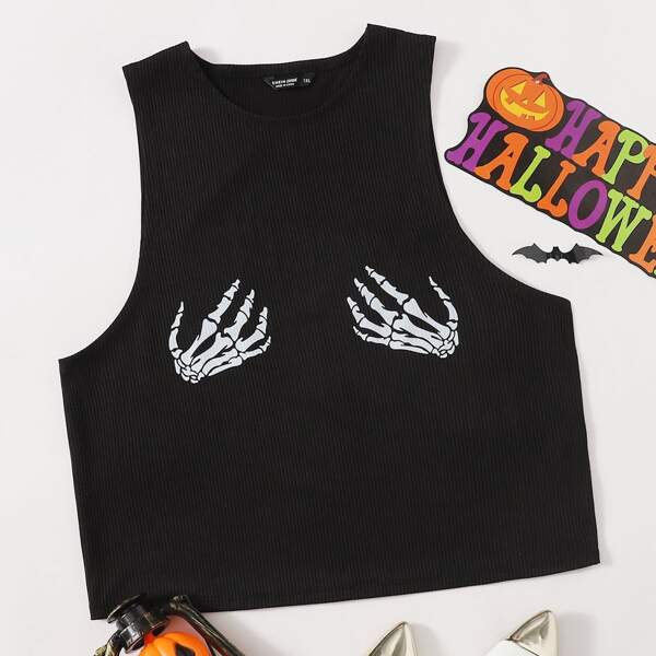 

Plus Rib-knit Skull Print Tank Top, Black