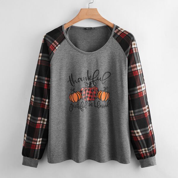 

Plus Pumpkin & Slogan Graphic Raglan Sleeve Tee, Grey