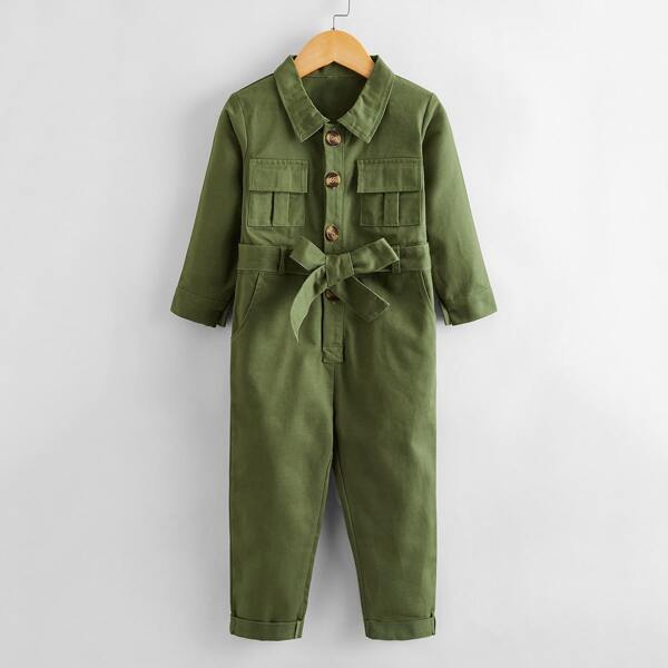 

Toddler Boy Self Tie Button Up Jumpsuit, Army green