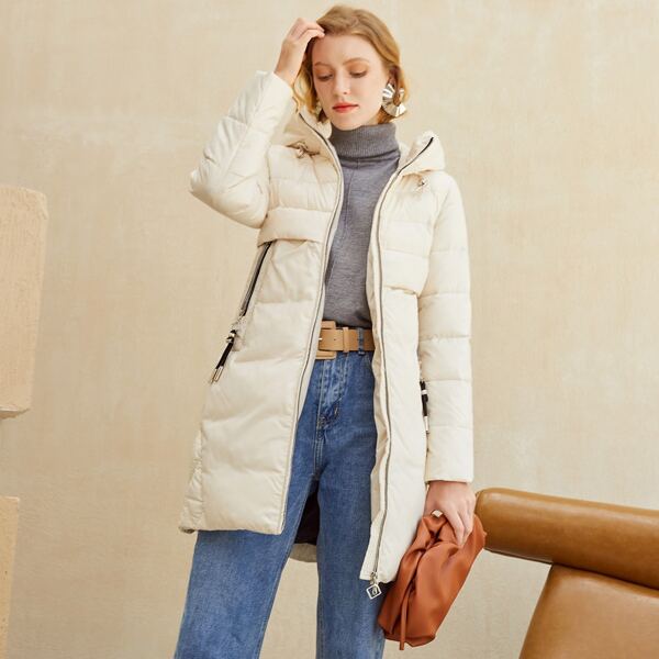 

Zip Up Drawstring Hooded Quilted Puffer Coat, Beige