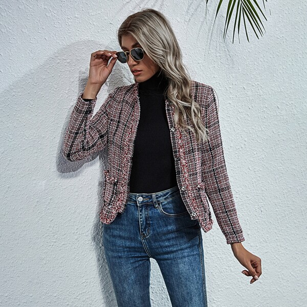 

Frayed Trim Dual Pocket Tweed Jacket, Multicolor