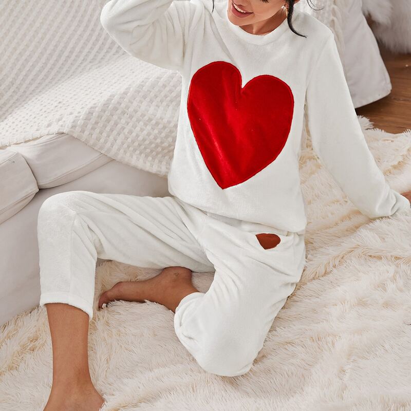 

Heart Pattern Flannel PJ Set, White