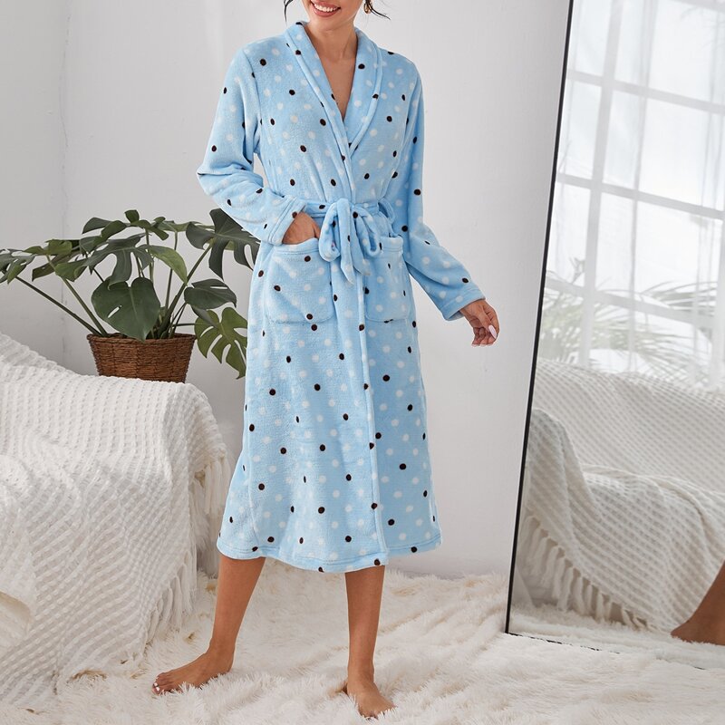 

Polka Dot Self Tie Flannel Robe, Baby blue